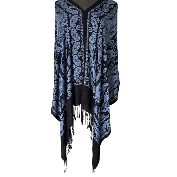 Bijoux Terner Pullover Kimono Scarf Wrap Blue Black Paisley Jacquard Print NEW - Picture 9 of 10